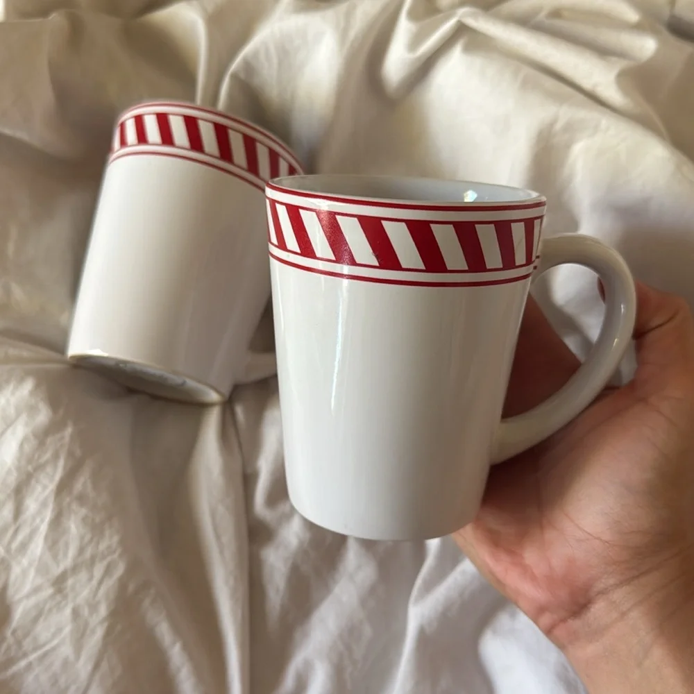 Striped Red White Ceramic Mugs coffee tea pair Christmas peppermint candy cane